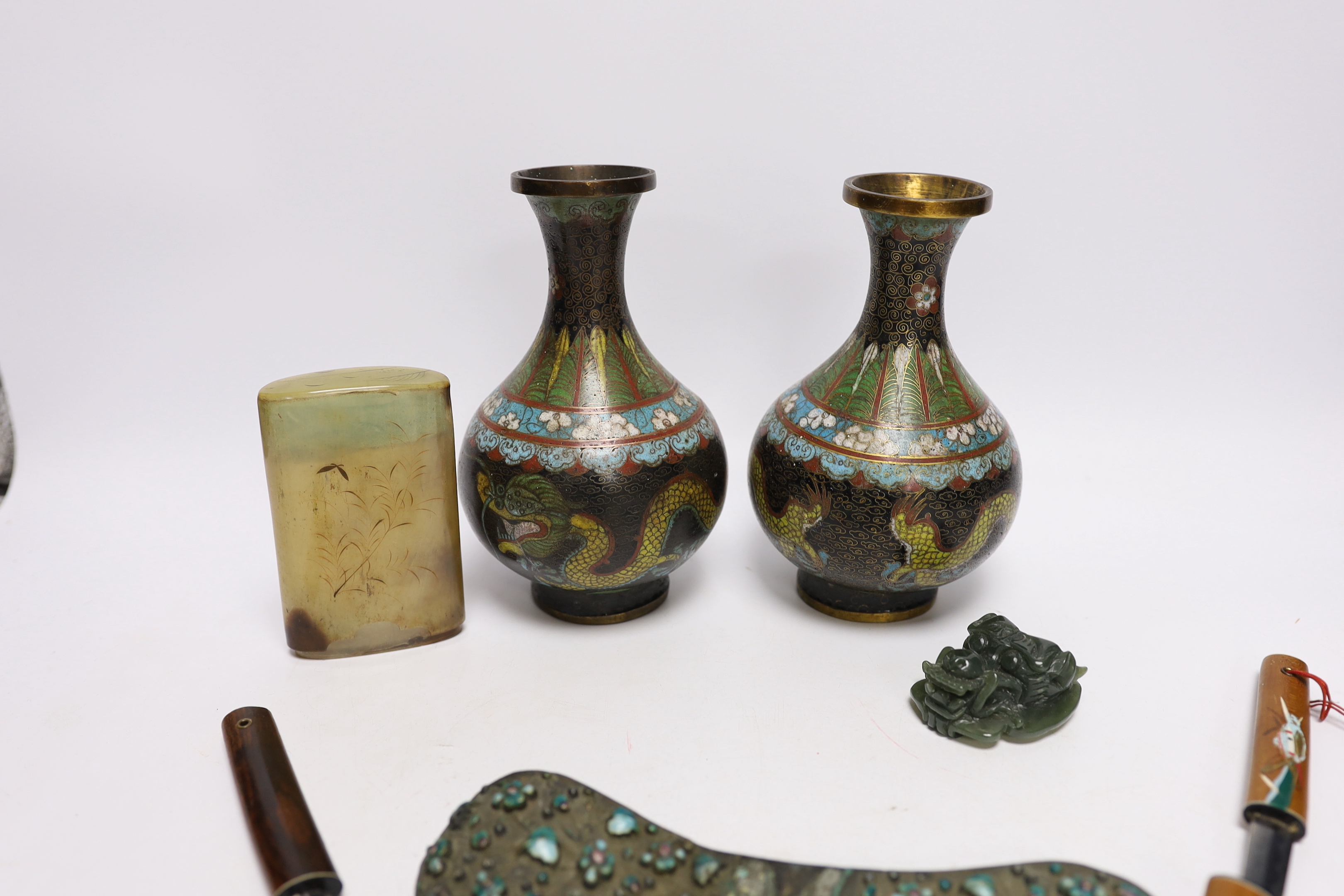 A collection of Chinese and other Oriental items, including a pair of Chinese cloisonné enamel vases, 16.5cm